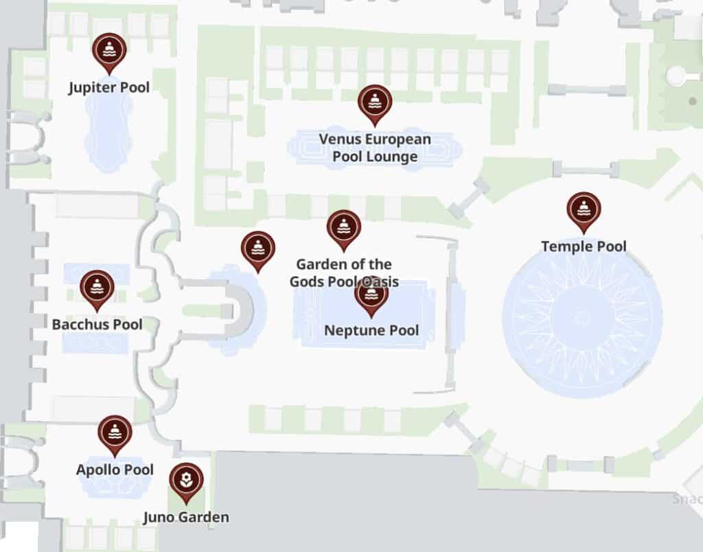 Map of the Garden of the Gods Pool Oasis at Caesars Palace Las Vegas.
