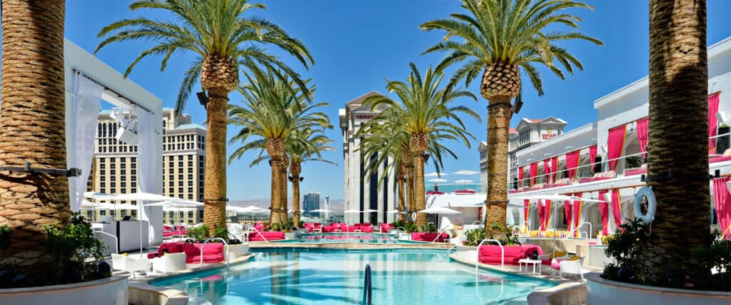 Cromwell Las Vegas Pool with 2 levels of cabanas flanking pool.