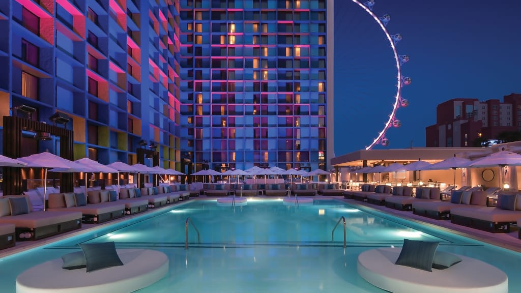 The LINQ pool at night.