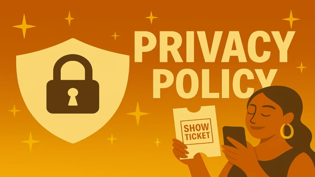 Las Vegas Deals Privacy Policy hero image featuring padlock and shield icon, retro-style typography, and woman holding smartphone and show ticket against golden-orange background.
