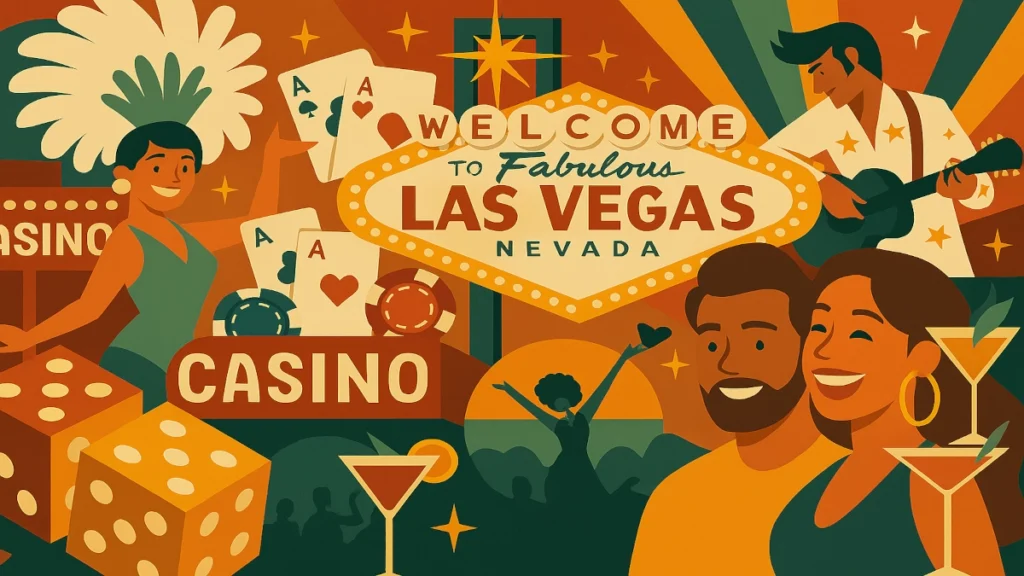 Las Vegas Happenings illustration featuring the Welcome sign, showgirl, casino, poker chips, cocktails, live music, and smiling couple in a retro-style layout.