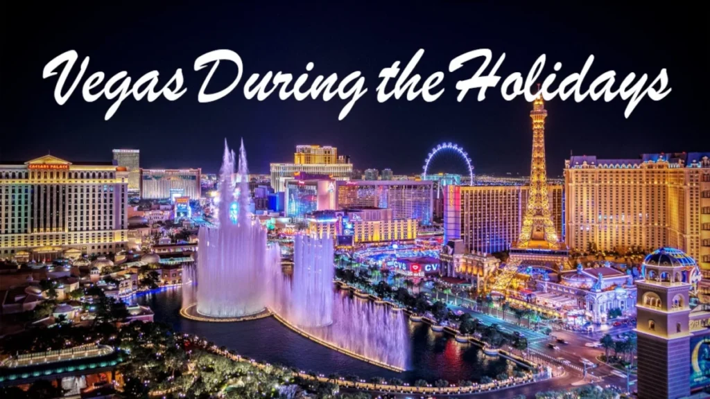 Festive holiday lights and decorations on the Las Vegas Strip, highlighting top Las Vegas Christmas activities