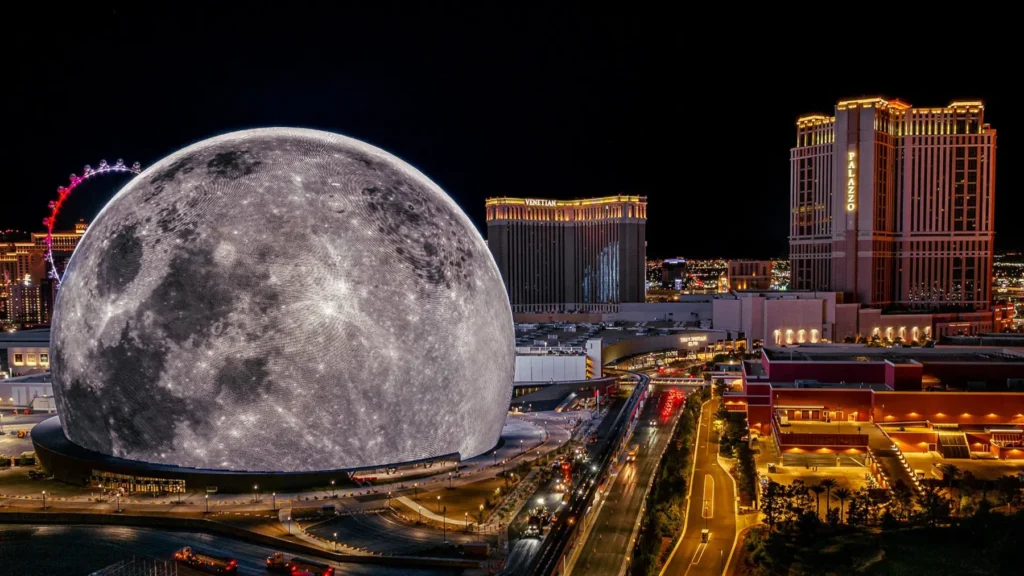 The Sphere Las Vegas illuminated at night near The Venetian Resort