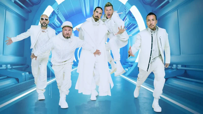 Backstreet Boys performing in white outfits during the Into The Millennium residency at Sphere Las Vegas