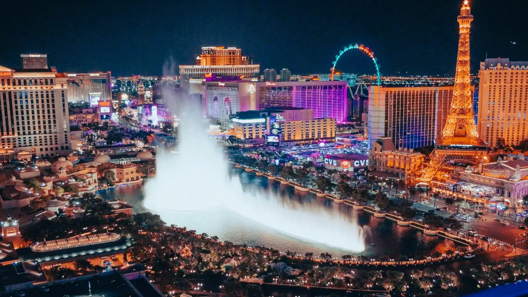 Las Vegas Strip skyline at night featuring Bellagio fountains and Paris Las Vegas