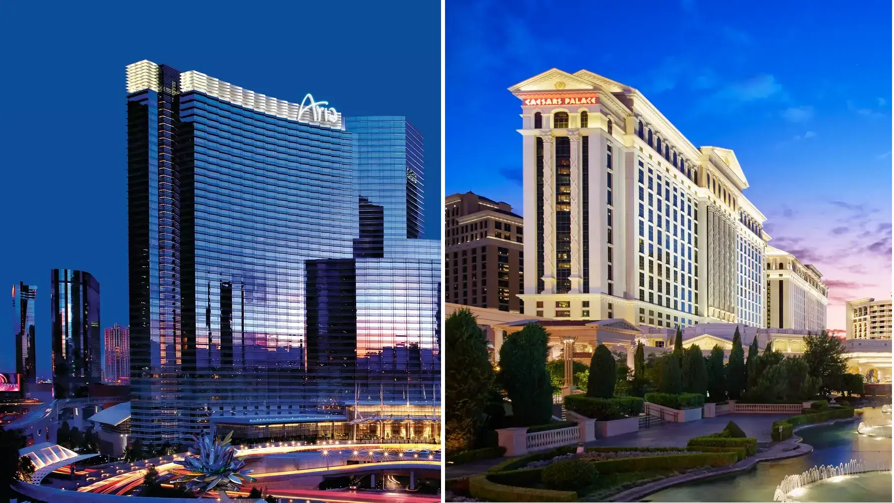 ARIA Resort and Caesars Palace hotels on the Las Vegas Strip at night