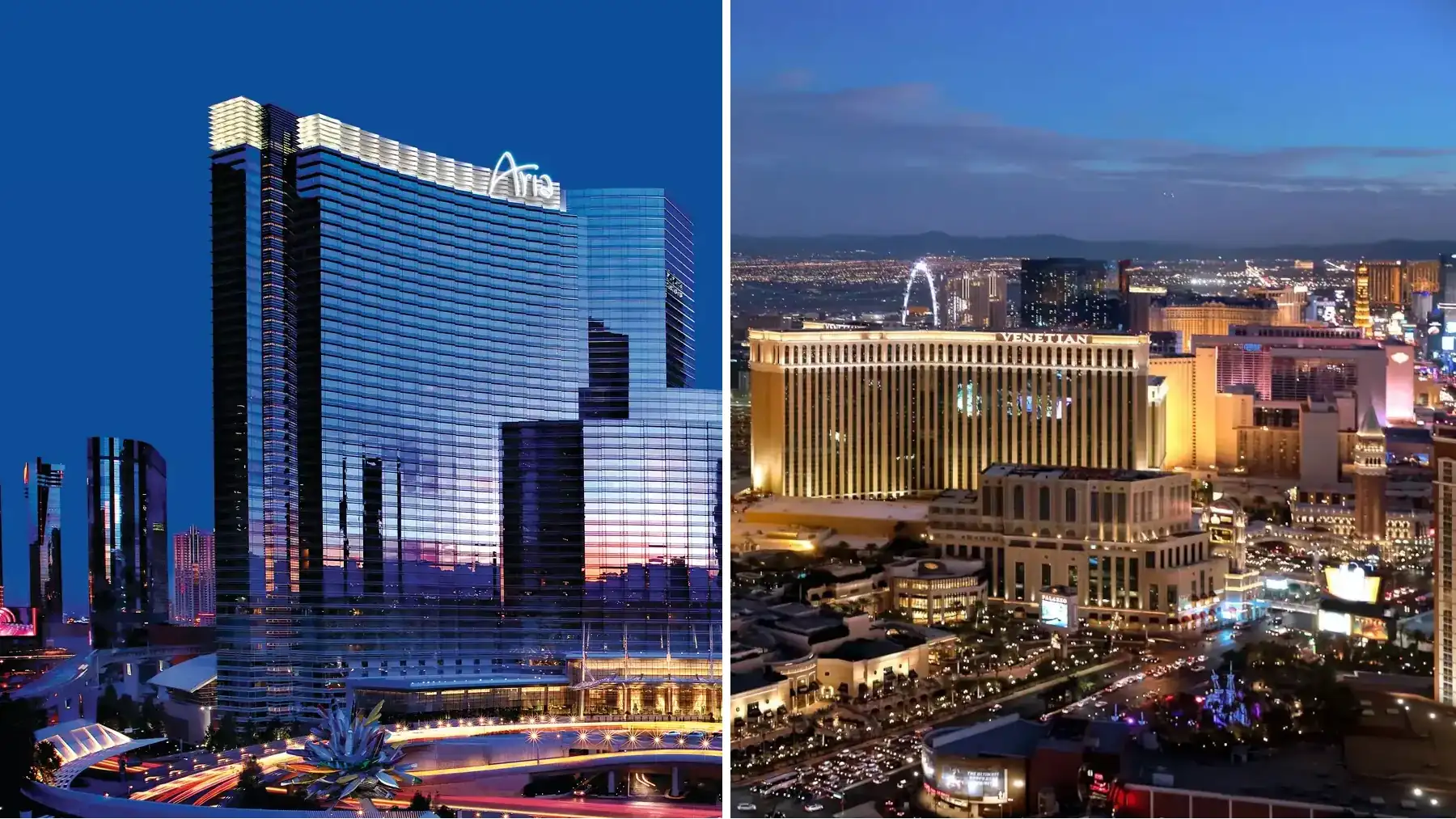 ARIA Resort & Casino vs Venetian Las Vegas exterior comparison showing modern central Strip hotel vs luxury all-suite resort