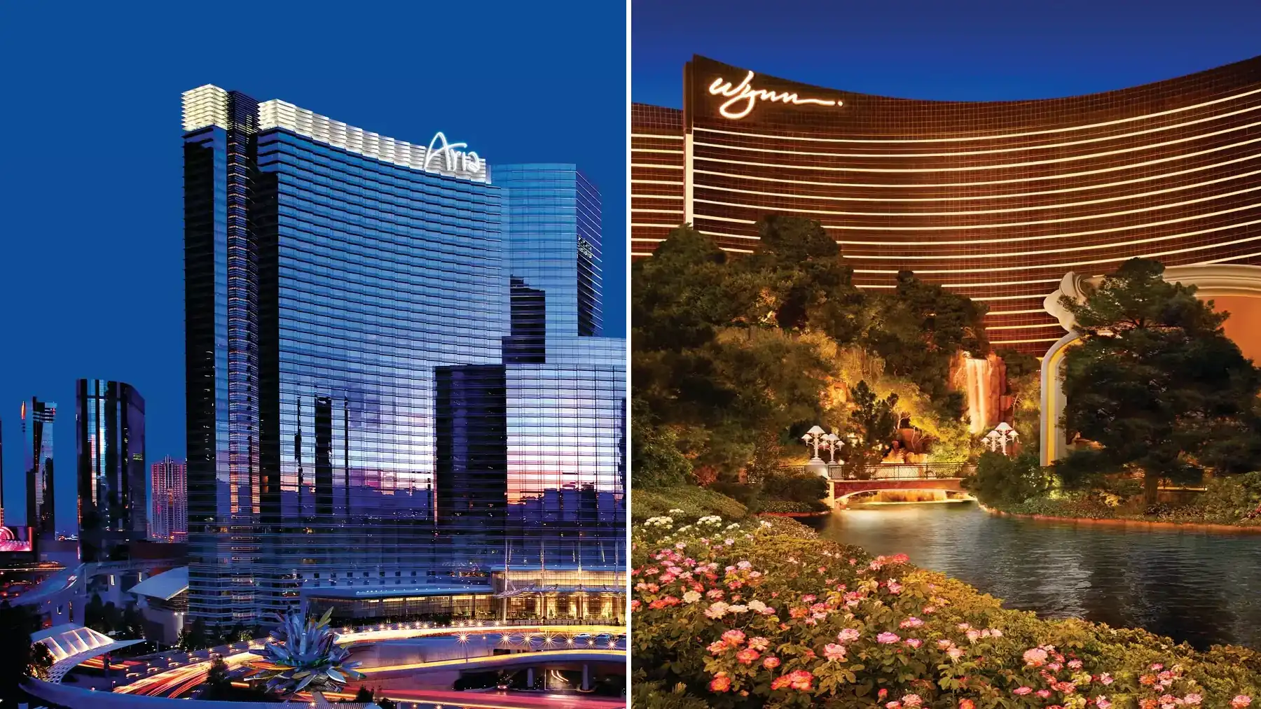 ARIA Resort and Casino vs Wynn Las Vegas exterior comparison on the Las Vegas Strip
