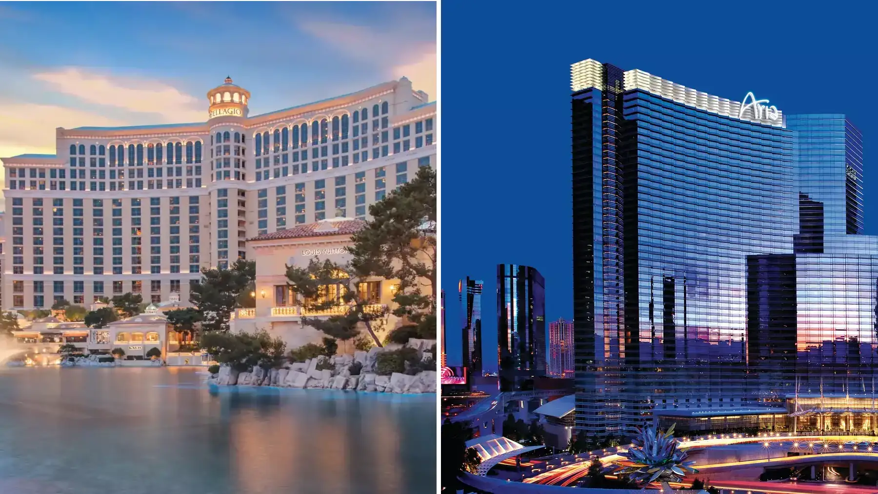 Bellagio and ARIA Las Vegas hotel comparison showing exterior views of both luxury Strip resorts