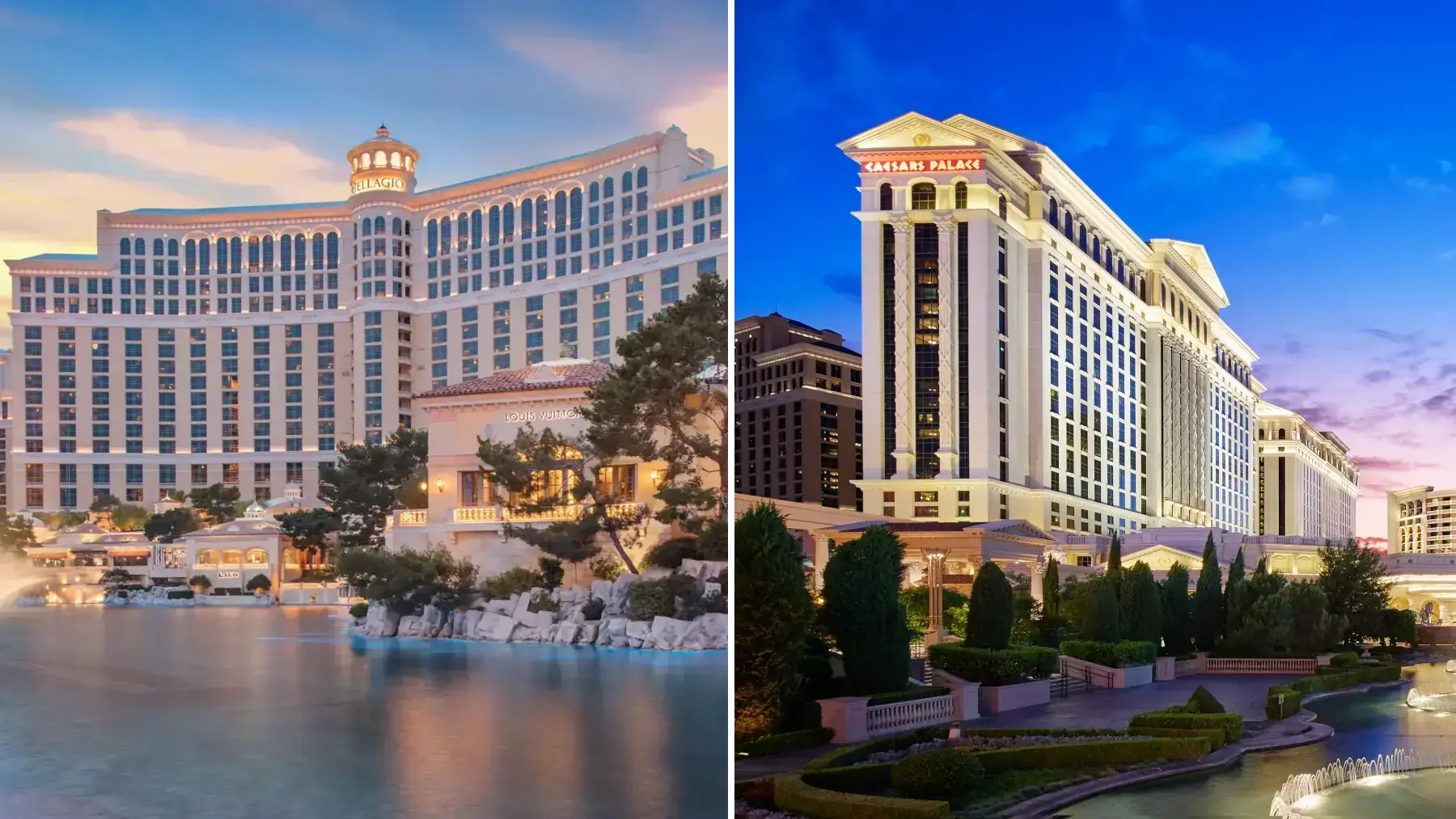 Bellagio and Caesars Palace exterior comparison on the Las Vegas Strip