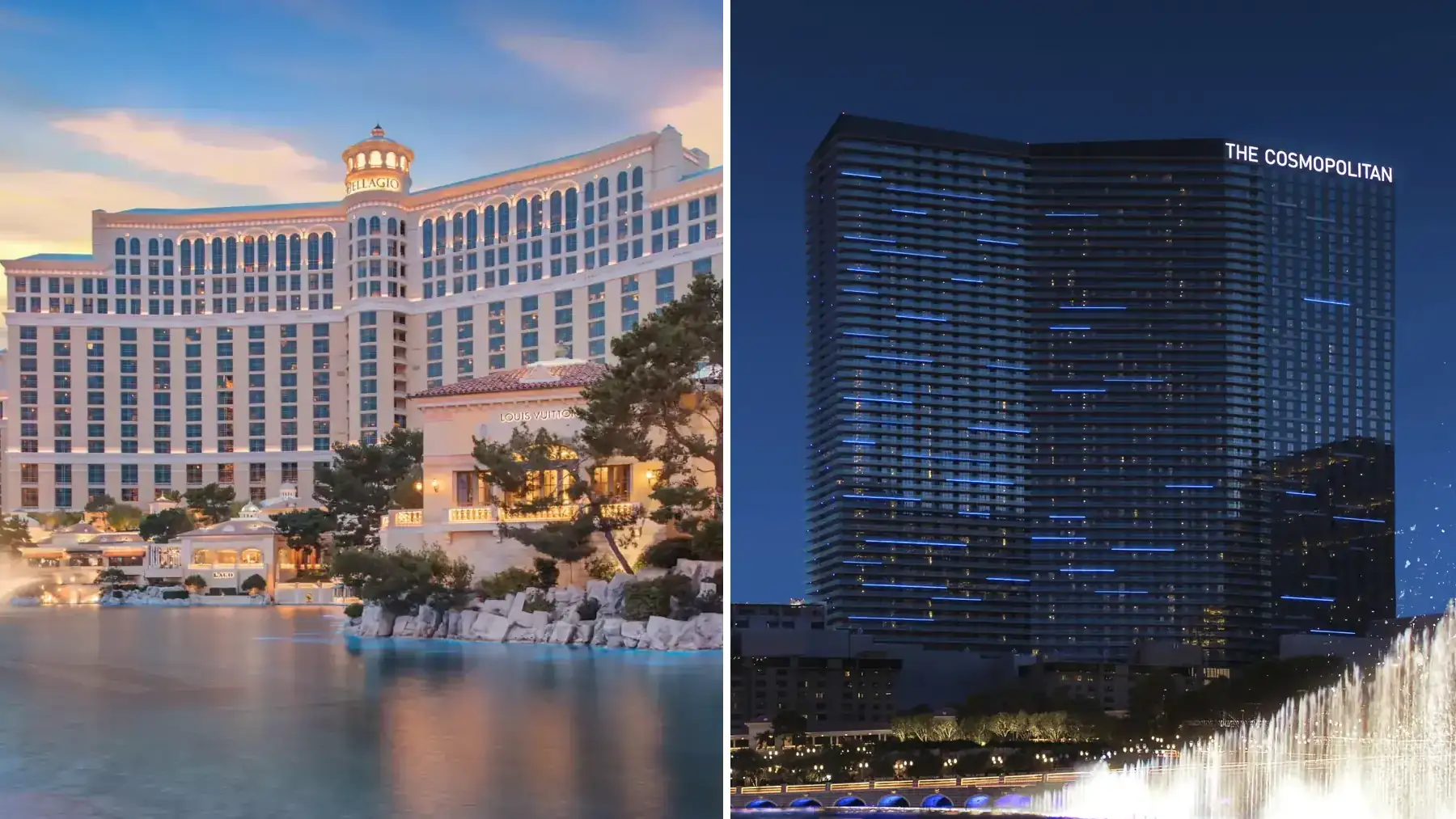 Bellagio and Cosmopolitan Las Vegas hotels side by side showing exterior views on the central Strip