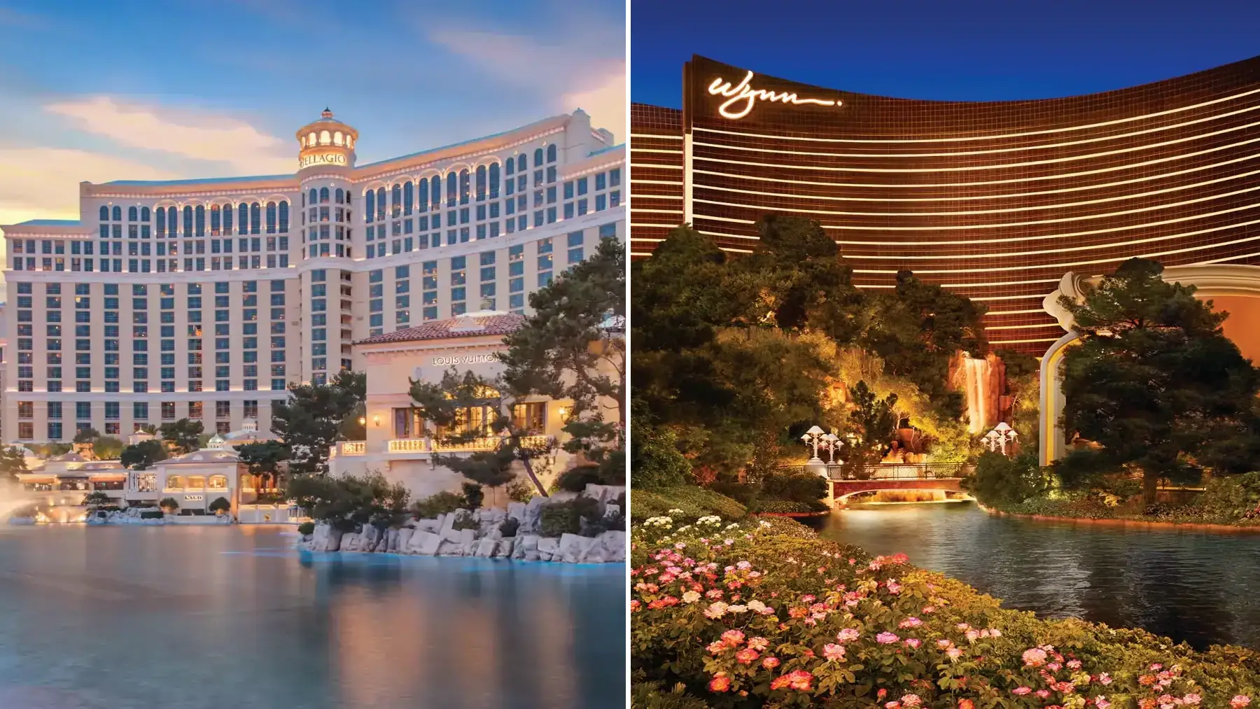 Bellagio and Wynn Las Vegas side-by-side hotel comparison image