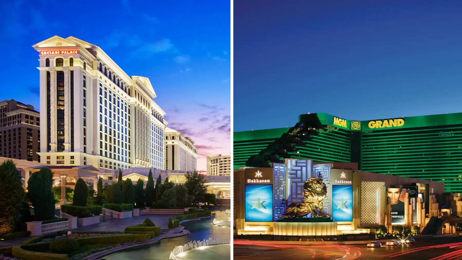 Caesars Palace and MGM Grand Las Vegas hotel comparison exterior view
