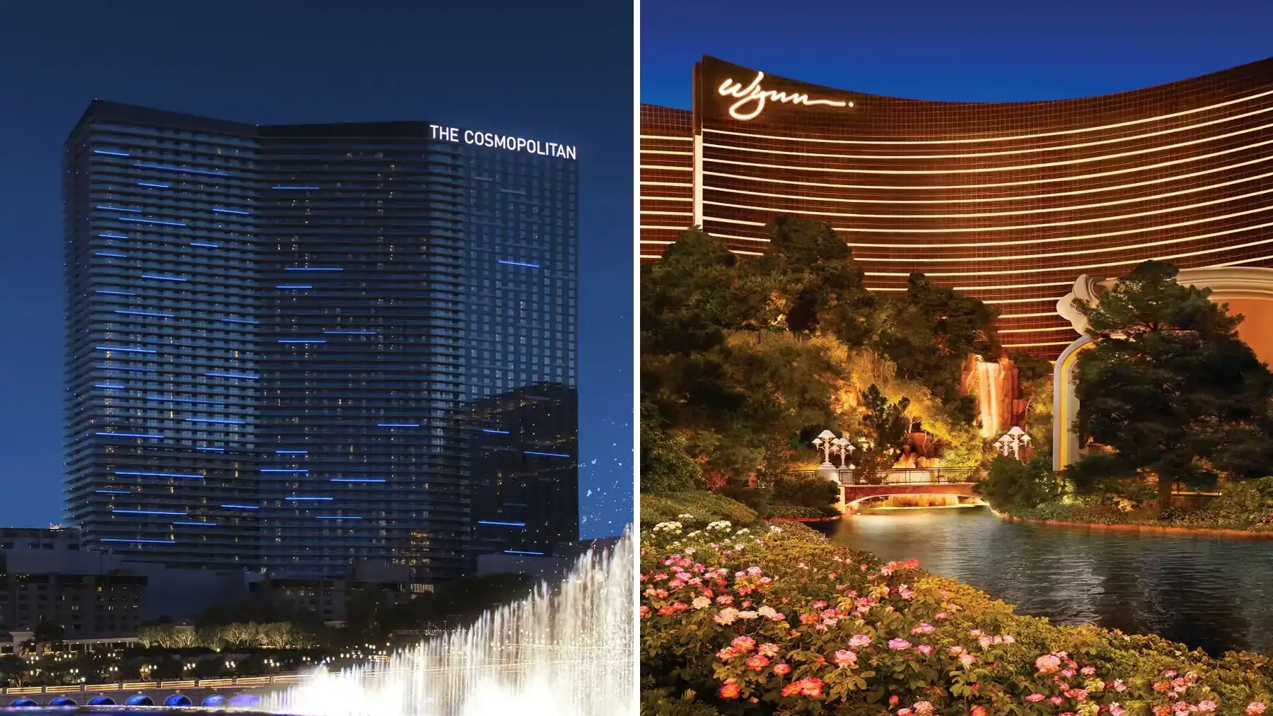 The Cosmopolitan Las Vegas vs Wynn Las Vegas hotel comparison image showing exterior views of both luxury resorts on the Strip