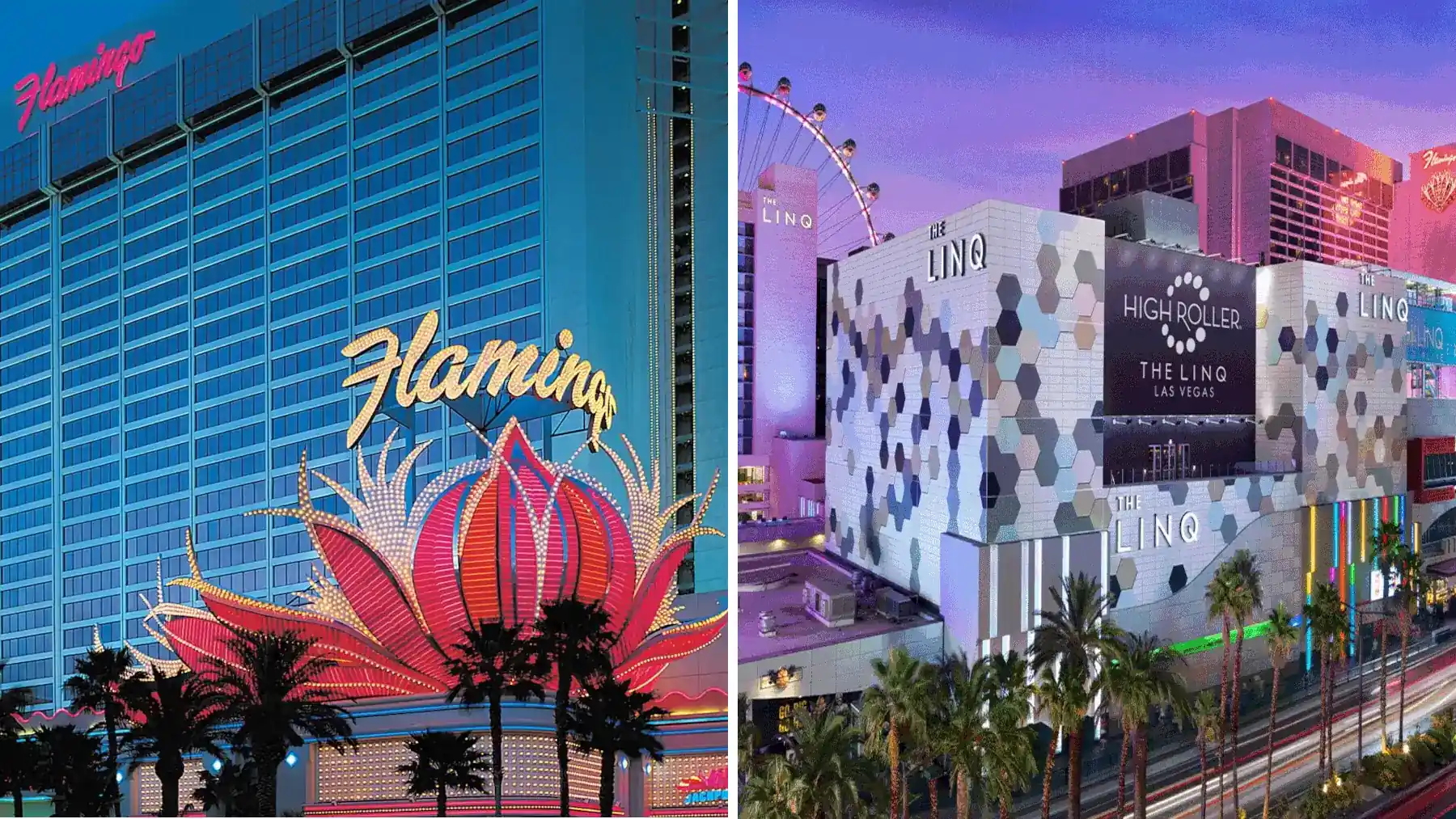 Flamingo Las Vegas vs The LINQ Hotel exterior comparison on the Las Vegas Strip