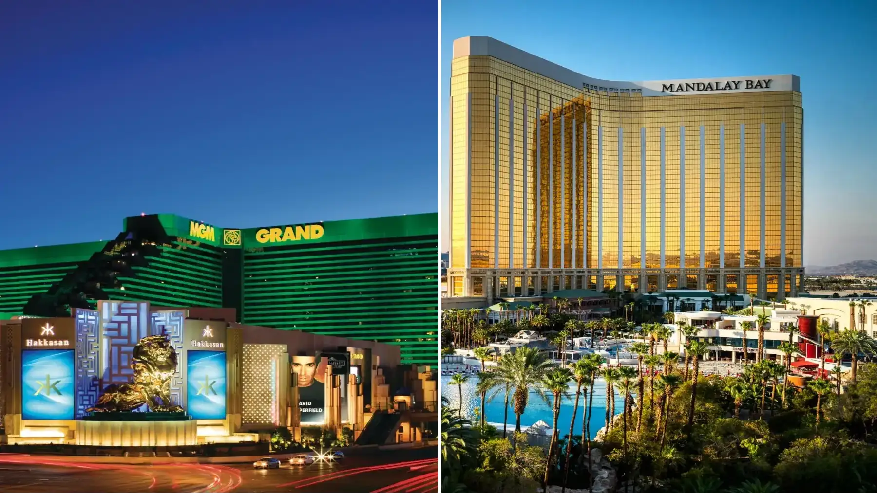 MGM Grand and Mandalay Bay Las Vegas hotel comparison exterior view