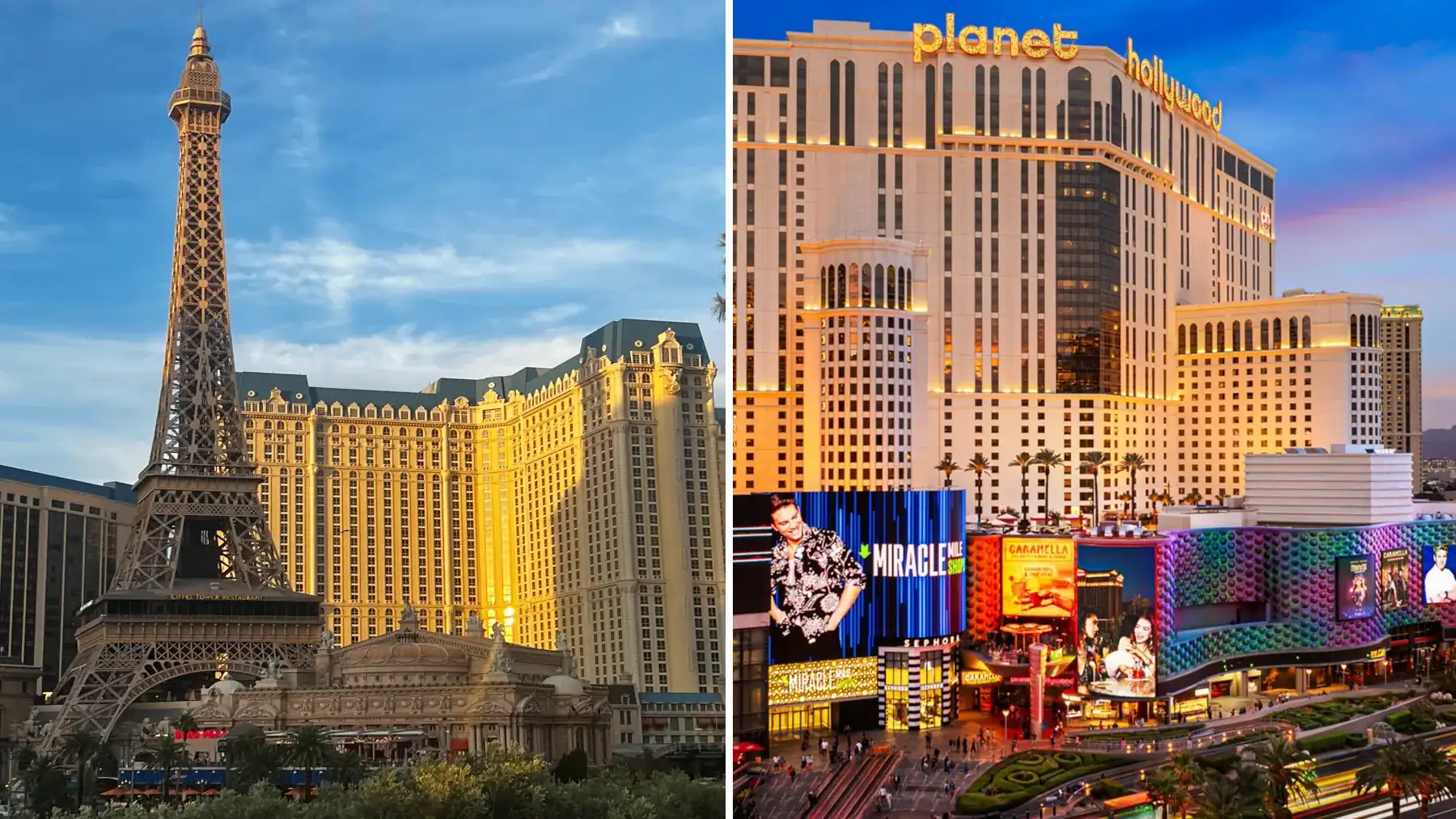 Paris Las Vegas vs Planet Hollywood exterior comparison on the Las Vegas Strip