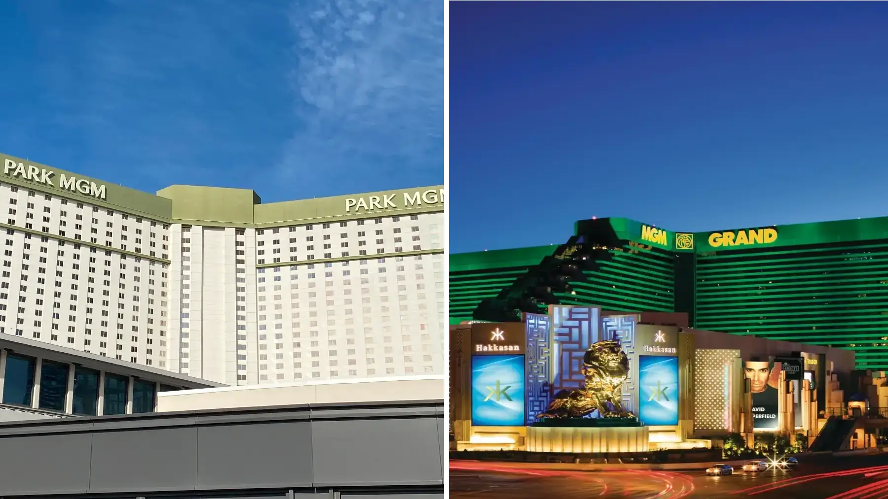 Park MGM and MGM Grand Las Vegas hotel comparison exterior view
