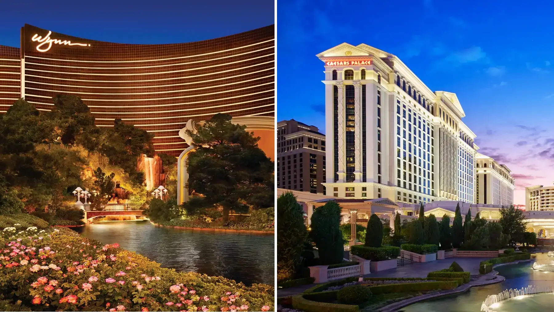 Wynn Las Vegas and Caesars Palace on the Las Vegas Strip at night