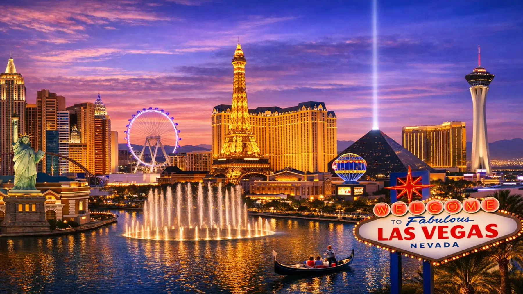 Las Vegas Strip skyline with major attractions including Bellagio fountains, High Roller, and Eiffel Tower