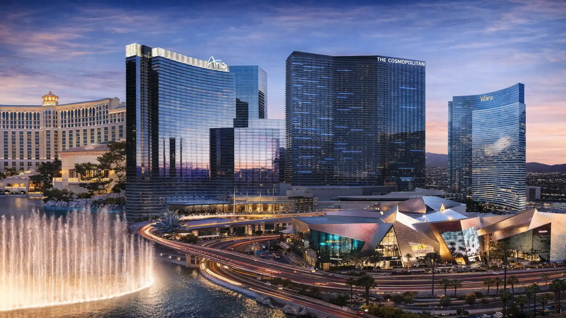 Cosmopolitan ARIA Bellagio and Vdara hotels Las Vegas skyline
