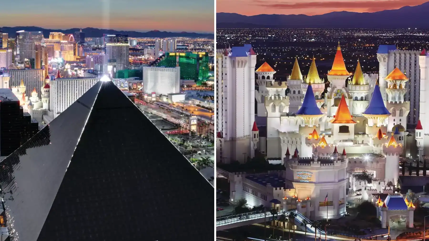 Luxor pyramid and Excalibur castle hotel Las Vegas comparison