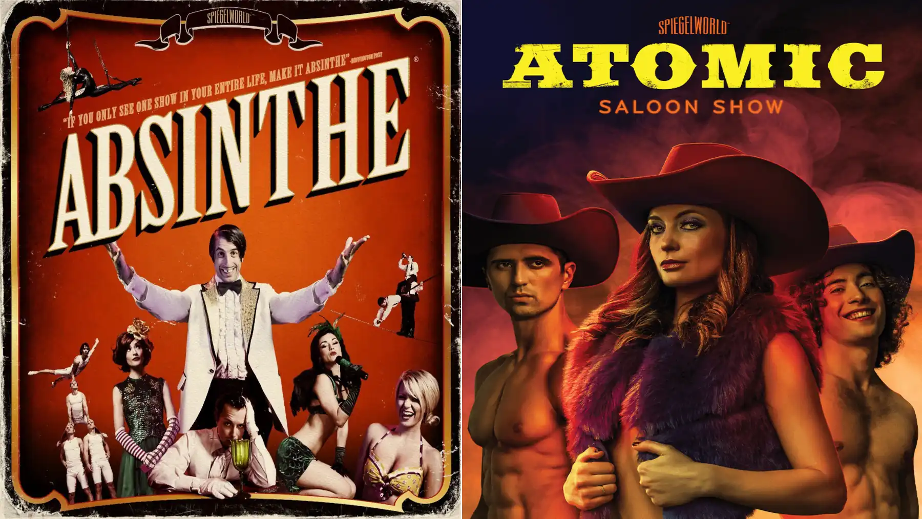 Absinthe vs Atomic Saloon Show Las Vegas comparison featuring both Spiegelworld shows