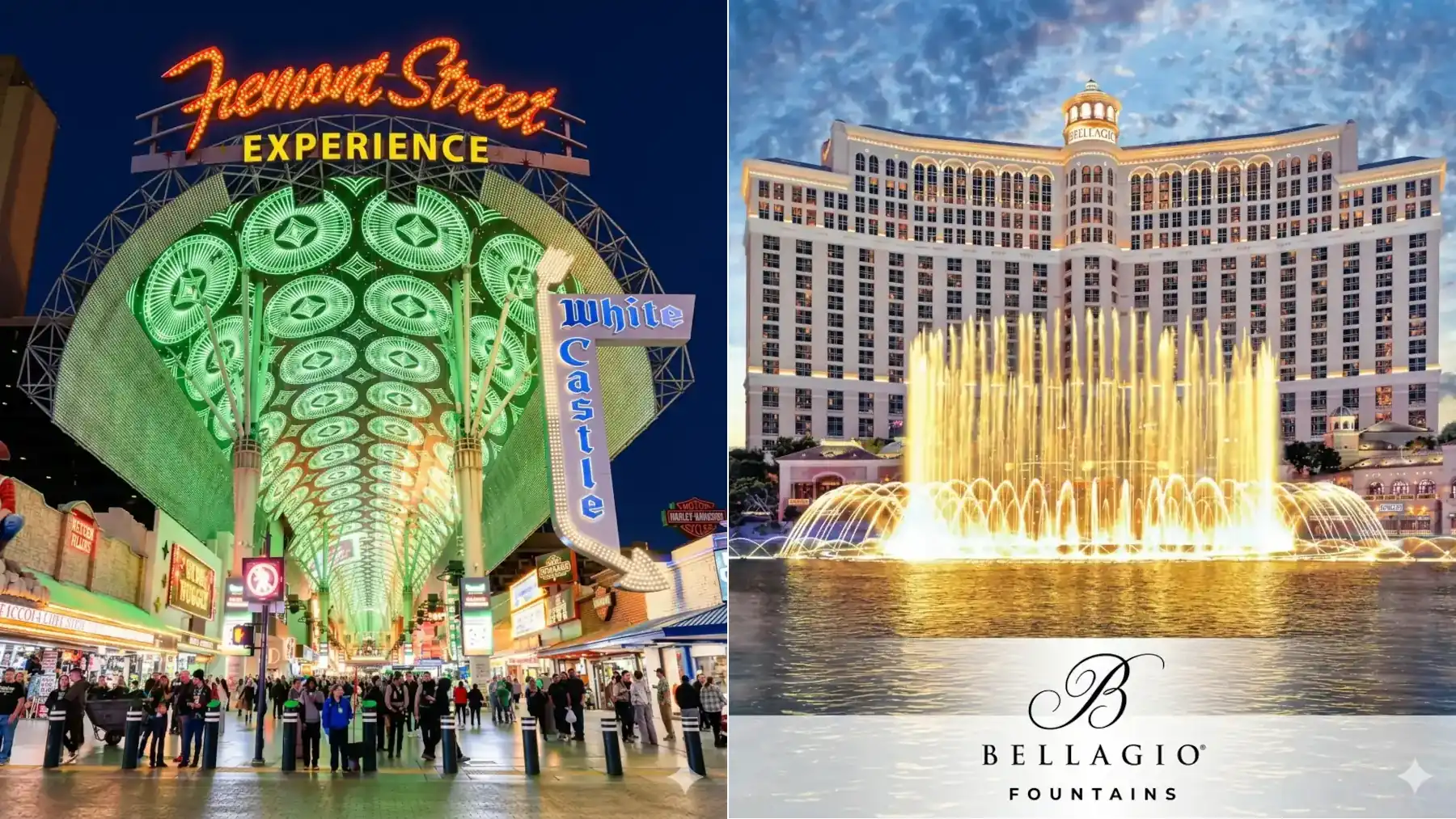 Fremont Street Experience vs Bellagio Fountains Las Vegas free attraction comparison