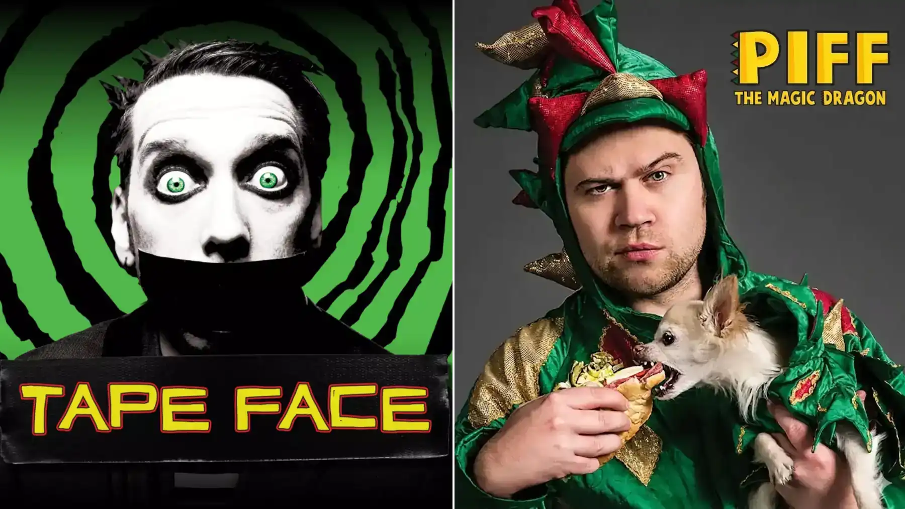 Tape Face and Piff the Magic Dragon side by side for a Las Vegas comedy magic show comparison