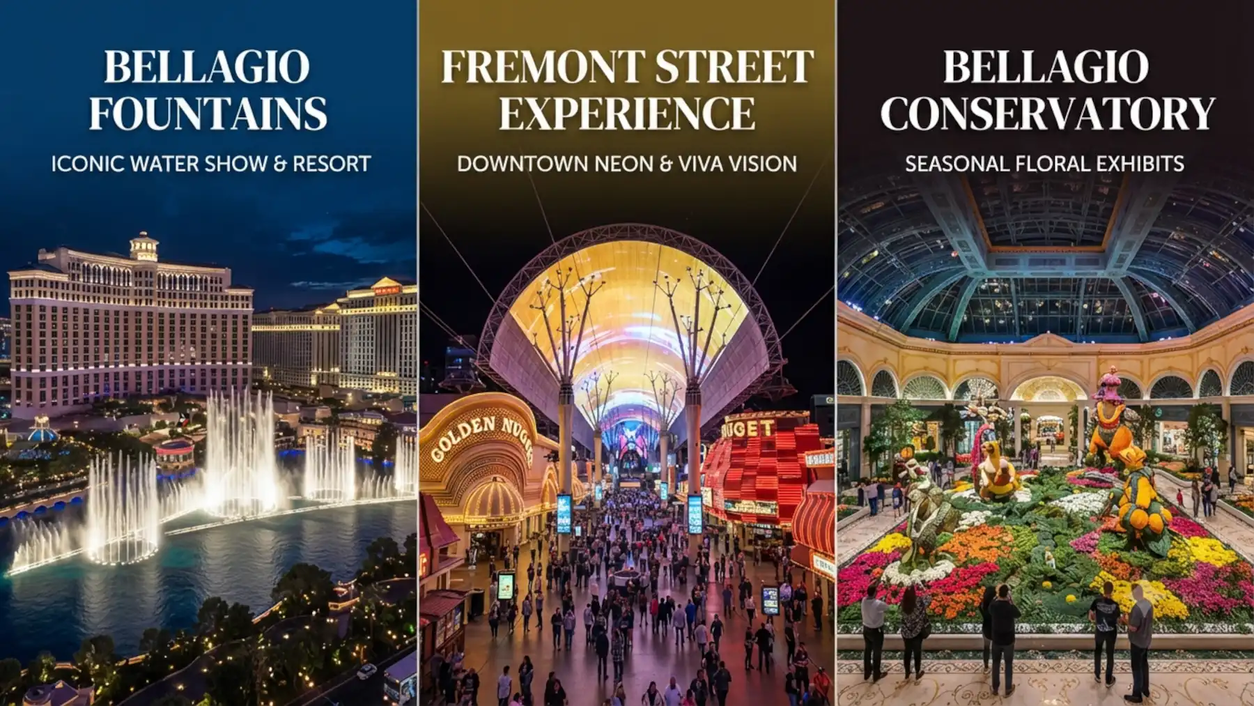 Bellagio Fountains, Fremont Street Experience, and Bellagio Conservatory in Las Vegas