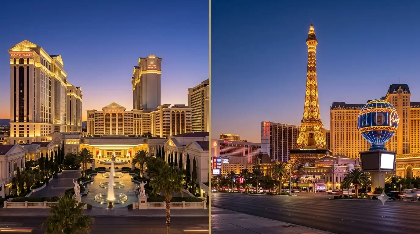 Caesars Palace and Paris Las Vegas hotels on the Las Vegas Strip