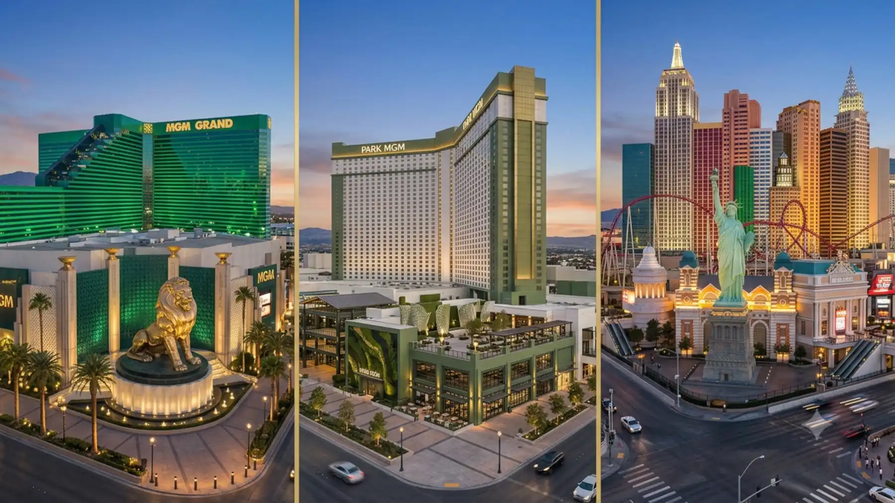 MGM Grand, Park MGM, and New York-New York hotels on the Las Vegas Strip