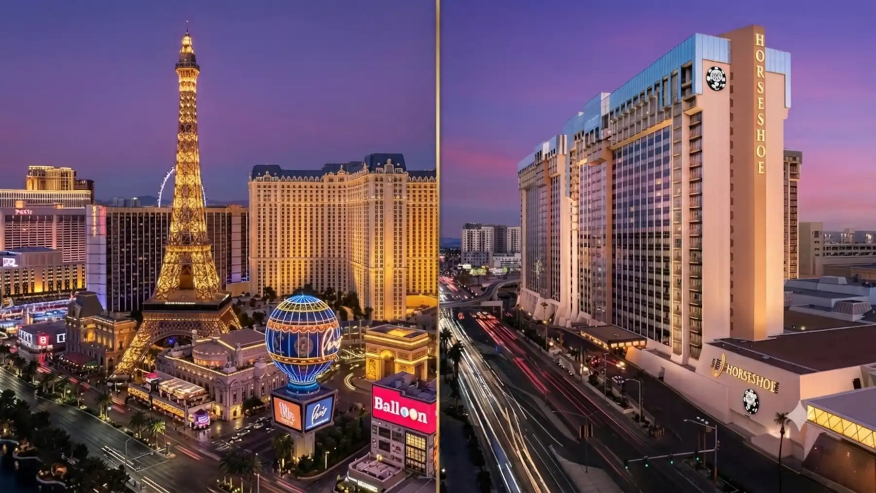 Paris Las Vegas and Horseshoe hotels on the Las Vegas Strip