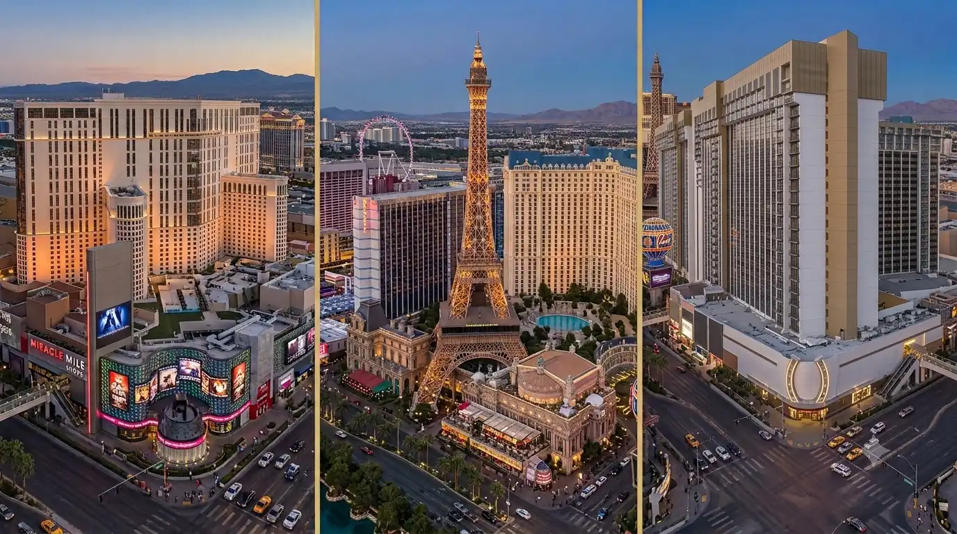 Planet Hollywood, Paris Las Vegas, and Horseshoe hotels on the Las Vegas Strip