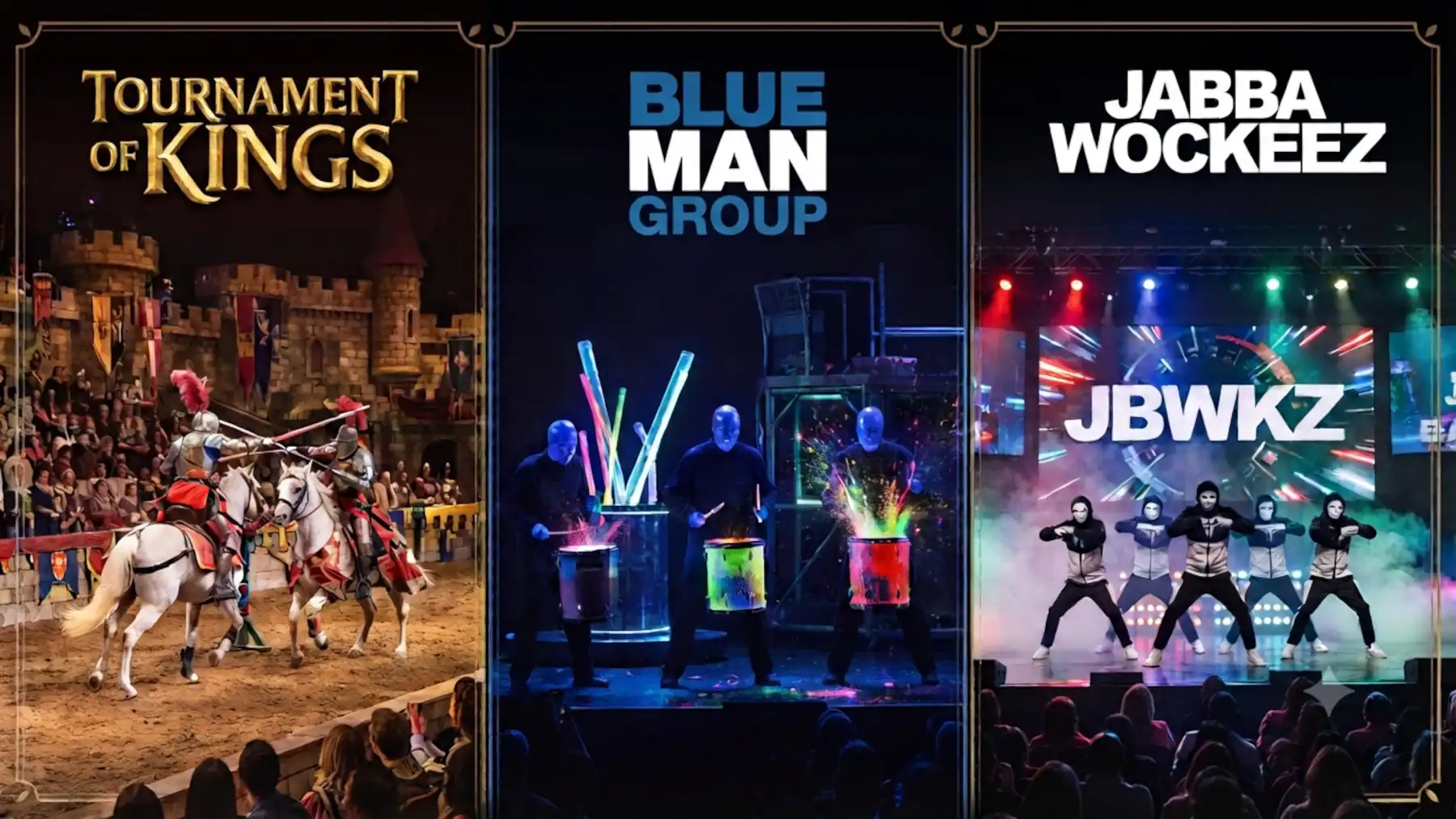 Tournament of Kings vs Blue Man Group vs Jabbawockeez Las Vegas show comparison