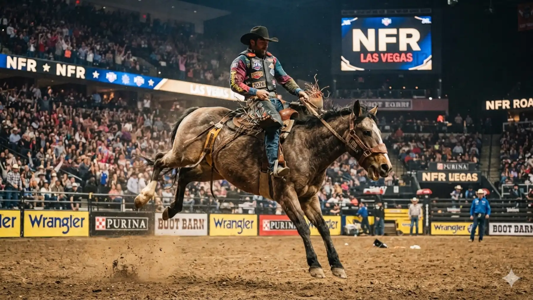 National Finals Rodeo competitor riding in the arena in Las Vegas